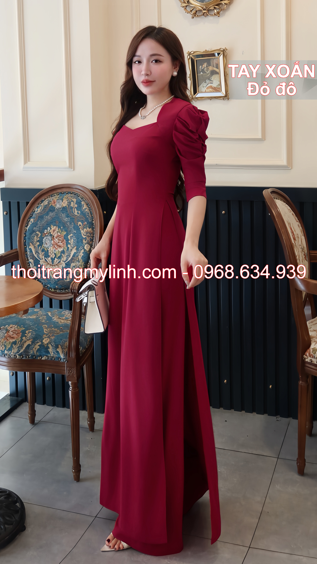 Bộ áo dài cổ nữ hoàng tay xoắn đỏ đô